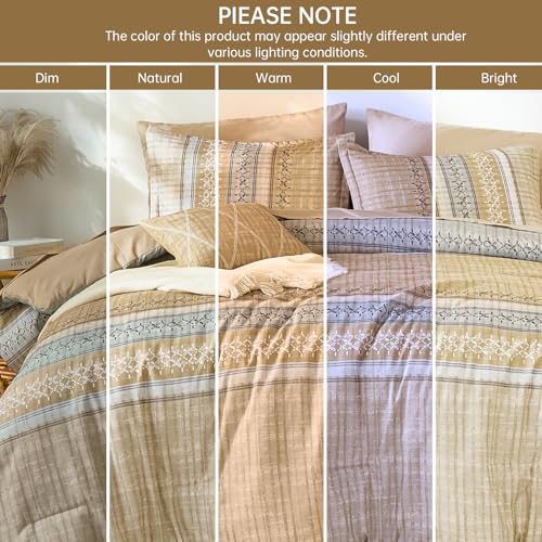 Image of Dintszyayue Khaki King Comforter Size Set, 8 Pieces Striped Boho Texture Bed in a Bag Sets, Lightweight Soft Bohemian Comforter and Sheet Set, All Season Microfiber Bedding Sets for Men Women