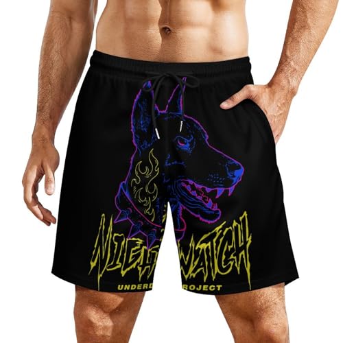 Mens Swim Trunks with Compression Liner, Doberman Slogan Art Printed Beach Board Shorts