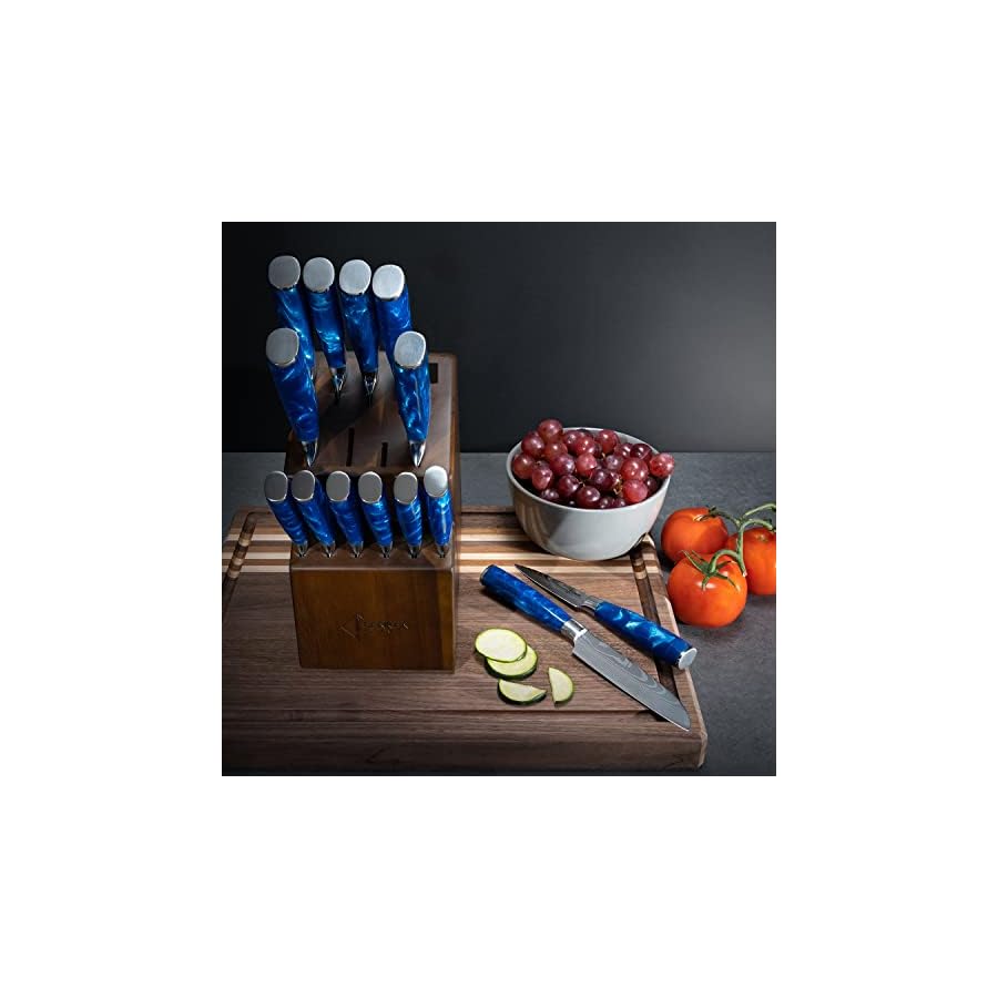 SENKEN 16-Piece Kitchen Knife Block Set - Japanese Chef's Knife Set with Laser Damascus Pattern, Includes 6 Steak Knives and Smoothly-Finished Acacia Hardwood Knife Block (Blue Resin Handles)