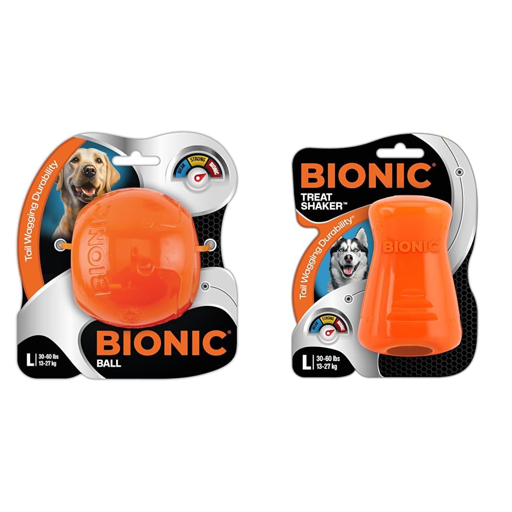 BIONIC Dog Toy Bundle - Large Ball Treat Shaker - High-Visibility Durable Interactive Chew Toys for Dogs 30-60
