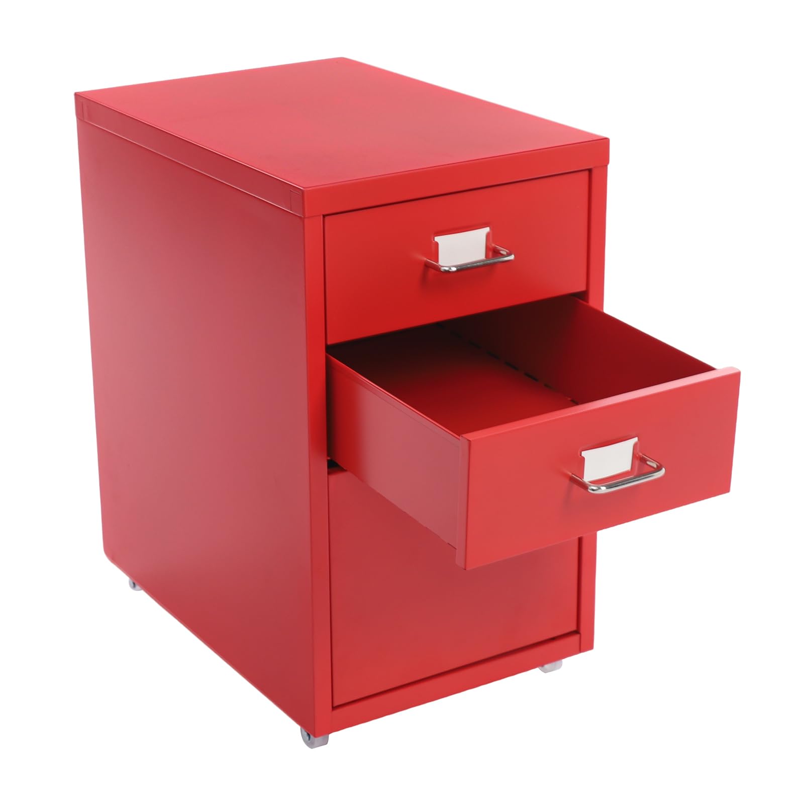 Cassettiera mobile con 3 cassetti, armadietto da ufficio con ruote, in metallo, per ufficio, studio, colore rosso