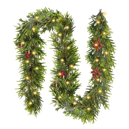 1PC 9FT Christmas Decor Artificial Norfolk Pine Garland,Realistic Artificial Garland Greenery for Fireplace Table, Mantle Wall, Indoor Outdoor Winter Holiday Decorations(1, 9FT)