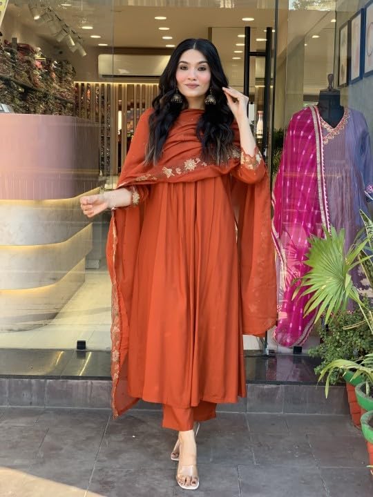 Women's Cotton Embrodiery Solid Anarkali Kurti with Pant and Mulmul Dupatta Set