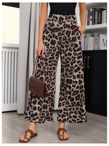 SweatyRocks Women's Leopard Print High Waisted Wide Leg Pants Casual Long Trousers3
