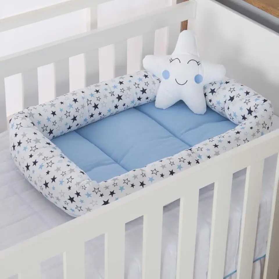 Ninho Redutor de Berço com Almofada Para Bebê Algodão 2 pcs Estrela Azul