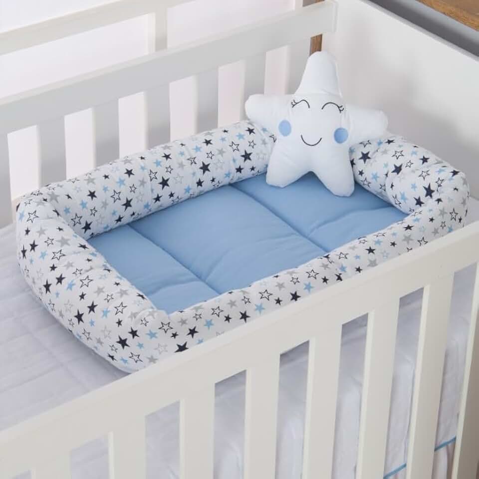 Ninho Redutor de Berço com Almofada Para Bebê Algodão 2 pcs Estrela Azul