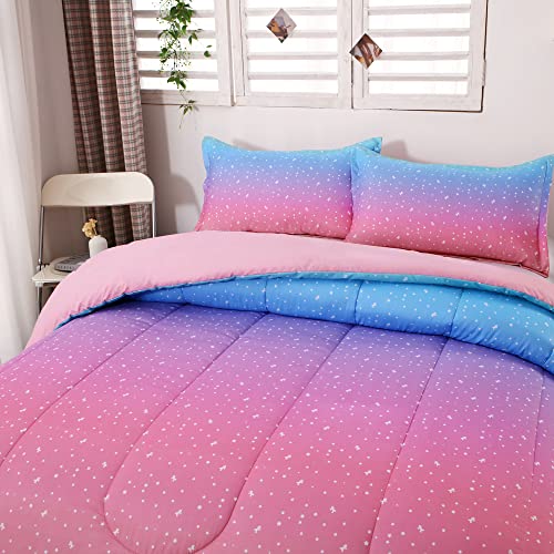 Rainbow Comforter Set Unicorn Bedding Set For Girls Galaxy Girls Pink Blue Bedding Pink Reversible Comforter Set(Queen, Blue) #TOP3