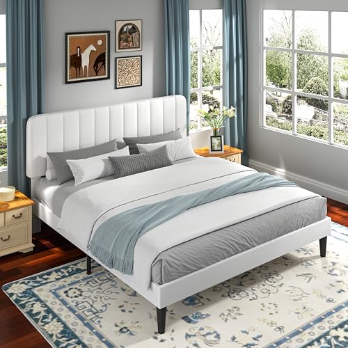 Image of VECELO King Size Bed Frame with Upholstered Headboard, Velvet Platform Bedframe Mattress Foundation, Strong Wood Slat Support, No Box Spring Needed,White