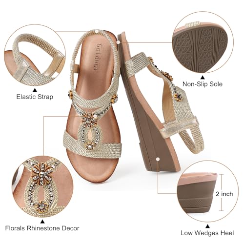 Image of Wedge Sandals for Women Dressy, Woman's Sandal Comfortable Low Wedges Heels Ankle Elastic Strap Sandles with Flower Rhinestones