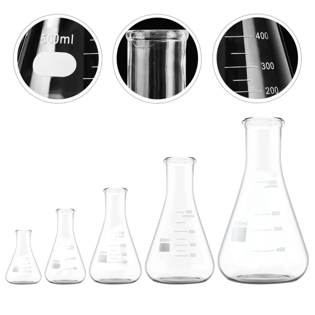 Beuta Conica in Vetro Borosilicato, 5 Pezzi, Collo Stretto | Beuta Conica in Vetro Borosilicato, Fondo Piatto, Graduazioni Standard, per Applicazioni di Laboratorio e Istruzione