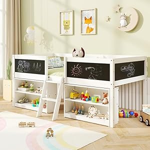 Komfotttwinsizelowloftbedkidsloftbedframewithmovablestorageshelveschalkboardladdersolidwoodloftbedwithunderbedplayareaforkidsboysgirlsnoboxspringneededwhite  Urban Country Home Decor Komfott twin size low loft bed kids loft bed frame with movable storage shelves chalkboard ladder solid wood loft bed with under bed play area for kids boys girls no box spring needed white  urban country home decor