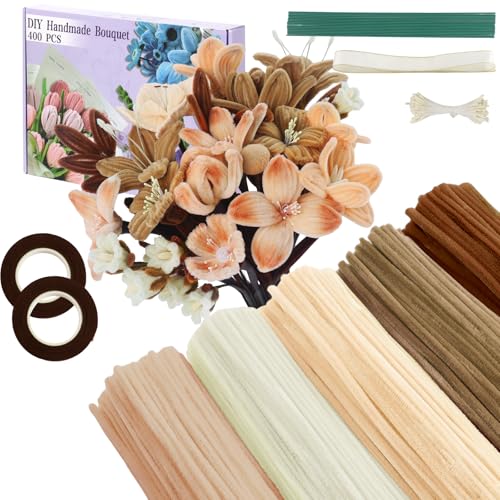 Image of 400 Pcs Pipe Cleaners Craft,5 Assorted Colors Pipe Cleaners Bulk | Chenille Stems for DIY Flower Making Kit with Floral Wires, Gardening Tape,Stamen& Ribbon (Brown)
