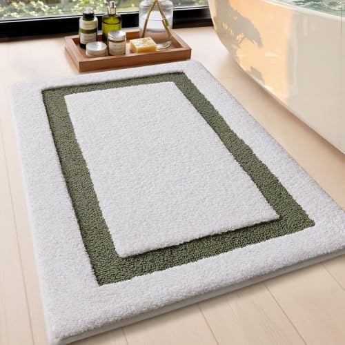 Image of Color&Geometry White Bathroom Rugs 36x24, Extra Soft Absorbent Microfiber Bath Rugs, Non-Slip Bathroom mat, Washable Plush Bath Mats for Bathroom, Shower, Bathtub, Laundry, White Green