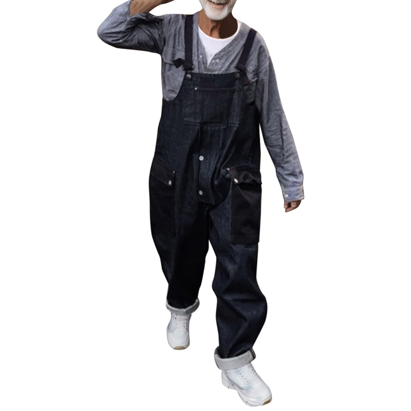 Peto para hombre, pantalones de trabajo de talla grande, mono para hombre, ropa de trabajo, color negro, holgado, aspecto vaquero, mono de trabajo, varios bolsillos, pantalones cargo con tirantes
