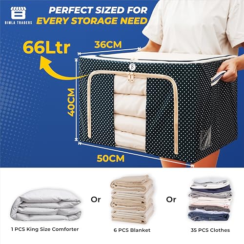 Image of BTAG Pack of 3 Assorted Storage Baskets (49L x 39W x 30H CM) Non-Woven Foldable Wardrobe Organizer with Metal Frame Rectangle, Storage Box with Handles for Clothes, Books, Toys, Blankets & Closet Use.