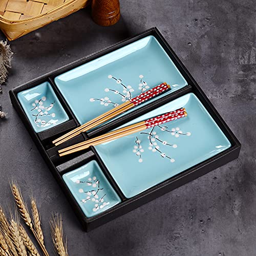 Lkyboa Japanese Style Blue Porcelain Sushi Plate Set With 2Xsushi Plates,Dip Dishes,Stick Stands,Bamboo Chopsticks Gift Package #TOP4