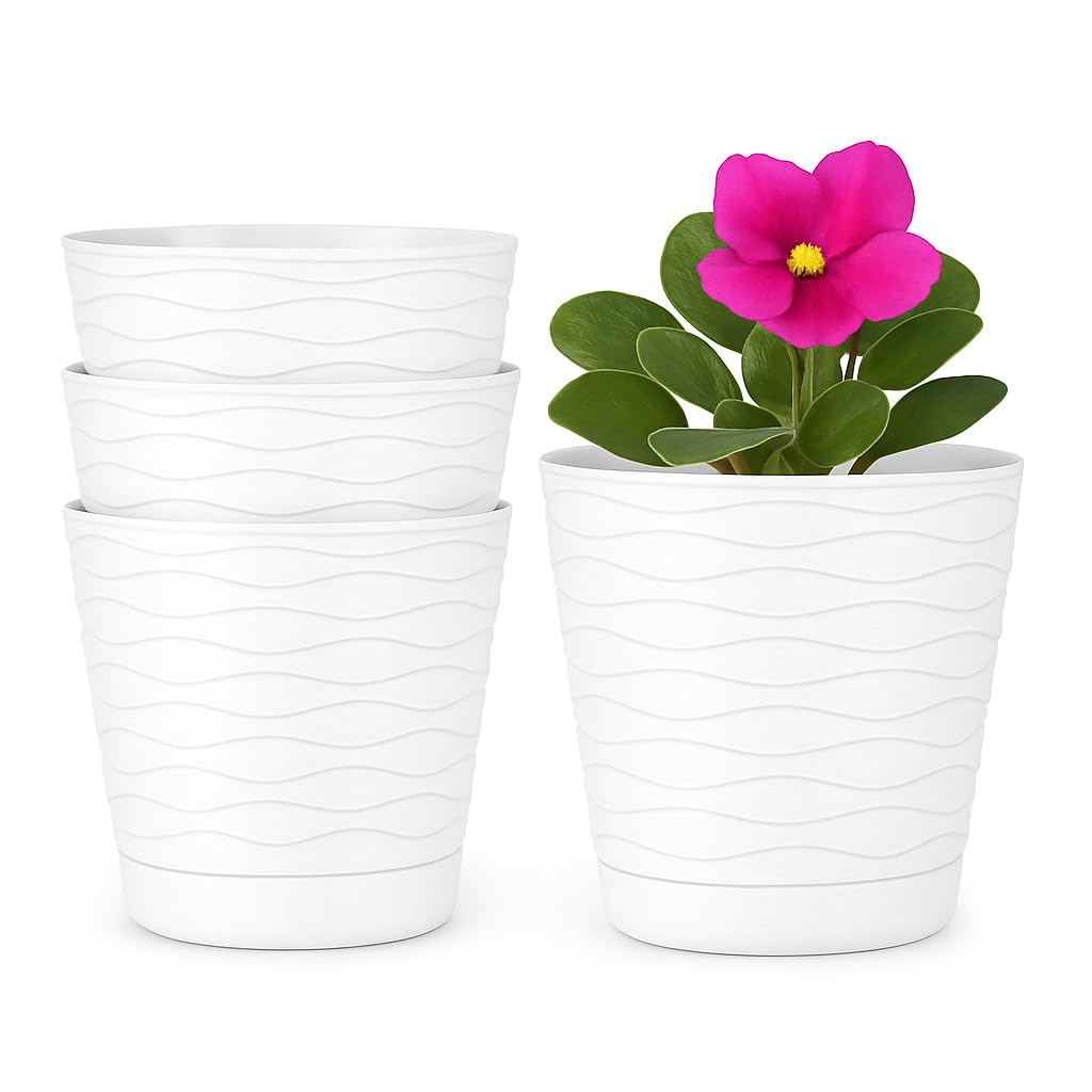 Home Garden Ornaments Set of 4 Plant Pots Indoor with Removable Saucers Drainage Holes Planter Flower Pots for Houseplants Plastic Indoor Plant Pot (White 17cm / 6.7inch)