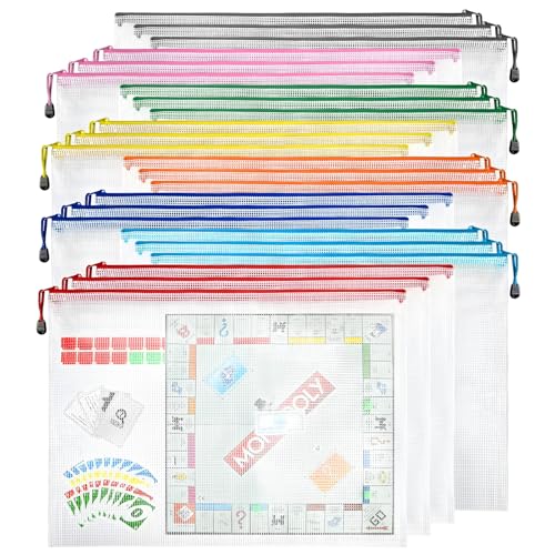 24 Pcs Board Game Storage Containers, Mesh Zipper Pouch Bags Suitable for Board Game Organizers and Storage, 8 Colors, A3 17x12 Inches Reusable Zipper Pouches Organizer for Puzzle, Magazines, Office