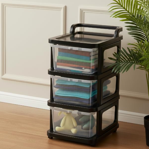 Image of KITCHIVO Heavy Duty Plastic Storage Drawer with Wheels | Modular Cabinet for Bedroom, Office, Home or Classroom| Chest of Drawers Organiser for Cosmetics, Kitchen items, Toys (Transparent, 3)