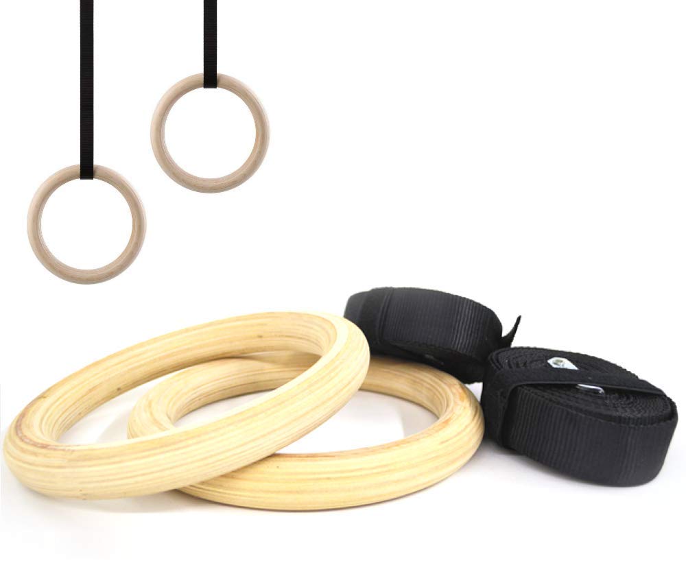 FSG28063 Coppia di Anelli da Ginnastica in Legno, Crossfit, Fitness, Allenamento Funzionale con Cinghie Regolabili e Fibbie | Wooden Rings per Esercizi in Sospensione