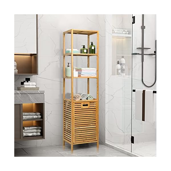 GIANTEX Badezimmer Regal mit Wäschekorb, Baderegal aus Bambus, Badezimmerschrank Badschrank Hochschrank mit 3 Ablagen für Badaccessoires, ausklappbarer Wäschesack aus Stoff, Natur – Bild 3