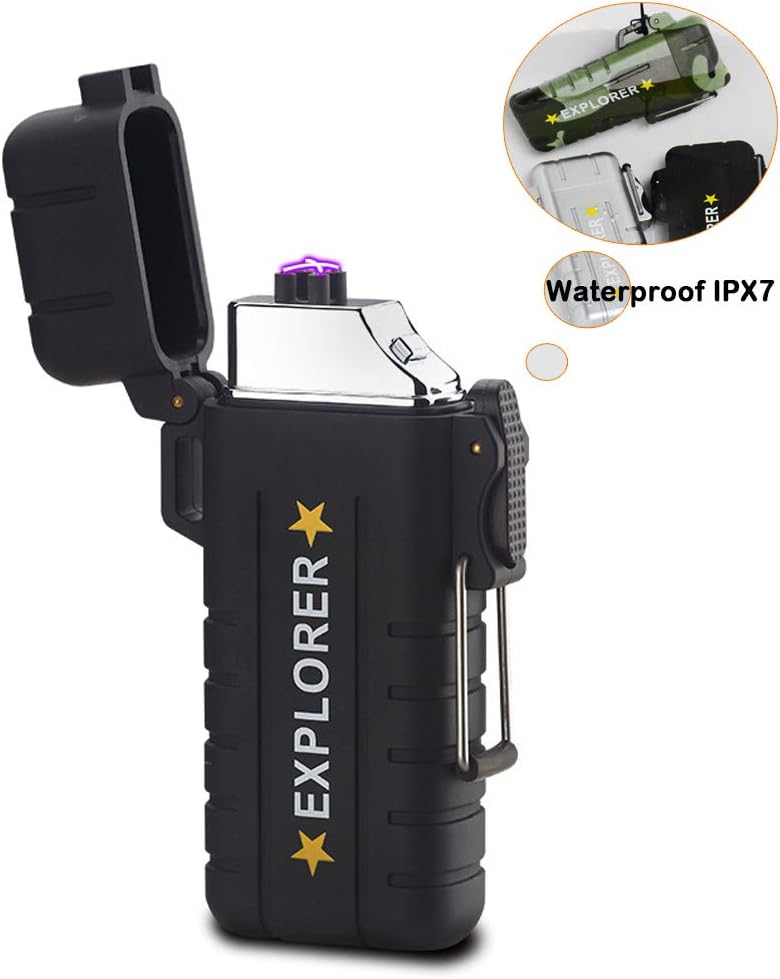 Waterproof Lighter USB Electric Dual Arc Lighter Rechargeable Flameless Windproof Lighter for Camping Hiking Adventure Outdoor Survival Grilling BBQ