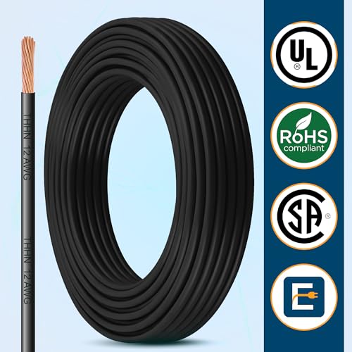Image of THHN Wire 12 Gauge (12 AWG) 50 FT - Stranded Copper Building Wire for Panel /Control Wiring, Grounding & Lighting Circuits (Residential /Industrial), UL Listed, 600V, THWN-2, PVC /Nylon Jacket, Black