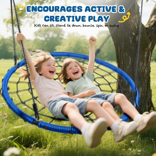 Image of Trekassy 750lbs 40 inch Spider Web Saucer Tree Swing for Kids Adults, Outdoor Net Swing with Steel Frame and 2 Hanging Straps-Blue (Patented)