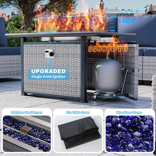 Image of Outdoor PE Wicker Rattan Modular Patio Sectional Sofa Set | 11-Piece: 6 Modular Seats, Coffee Table, 2 Swivel Rocking Chairs, Side Table & 55,000 BTU Fire Pit Table, Navy Blue