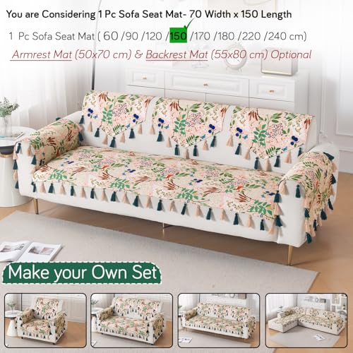 Image of HOKIPO Printed Holland Velvet Sofa Cover with Tassel for 1 /2 /3 Seater & L Shape Sofa | Make Your Own Set, 'Whispers of Nature' Sofa Mat, 70(W) x 150(L) cm, Beige Woodland Bloom (IN-1120-D4)