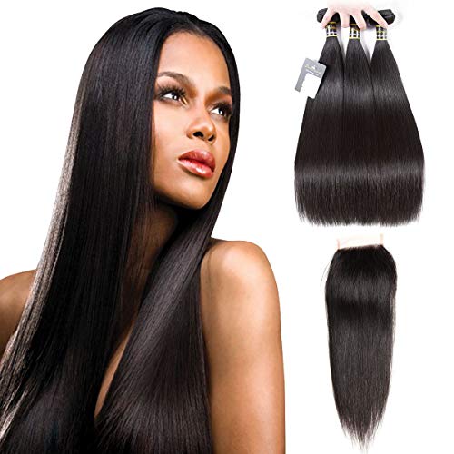 Puddinghair Straight Brazilian hair 3 Bundles with Closure Natural Black Color 100% Unprocessed Human Hair Bundles (12"14"16"+Closure12",Free Part)