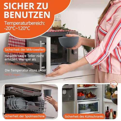 FUNYKICH 12 Teiliges Küchengeschirr Set für 4 Personen, Leicht und einfach zu stapeln, Unzerbrechliches Geschirr Set,mit 4 Teller, 4 Müslischalen und 4 Trinkbecher für Picknick, Camping (Dunkelgrau)