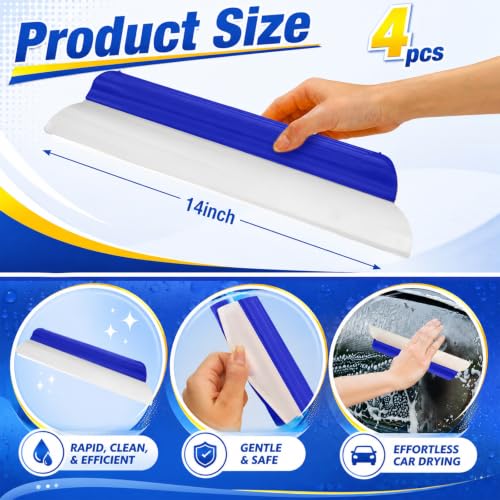 Image of 4 Pack 14 Inch Car Drying Squeegee Blue Silicone Window Blade | Flexible Silicone for Drying Windshield Shower Glass, Bathroom Window Cleaner, T-bar Design, Long Handle Wash Tool