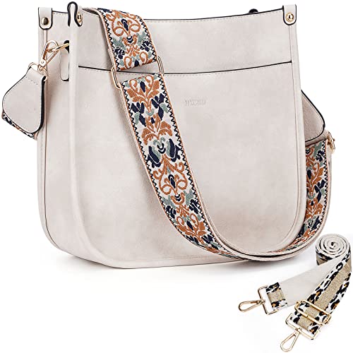 HKCLUF Crossbody Bags for Women Trendy Vegan Leather Hobo Handbags With 2 Adjustable Guitar Strap Crossbody Bucket Purse for Women(White)