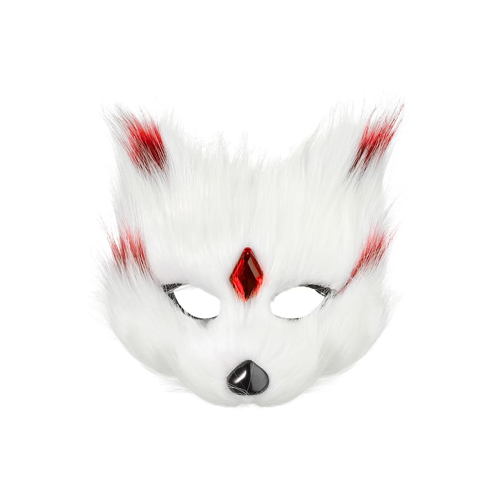 Halloween Furry Fox Mask Fancy Dress Half Face Cat Mask with Rhinestone Cosplay Costume Accessory Animal Theme Party Eyewear Medieval Carnival Makeup Dress Up Face Props for Masquerade Rave Easter