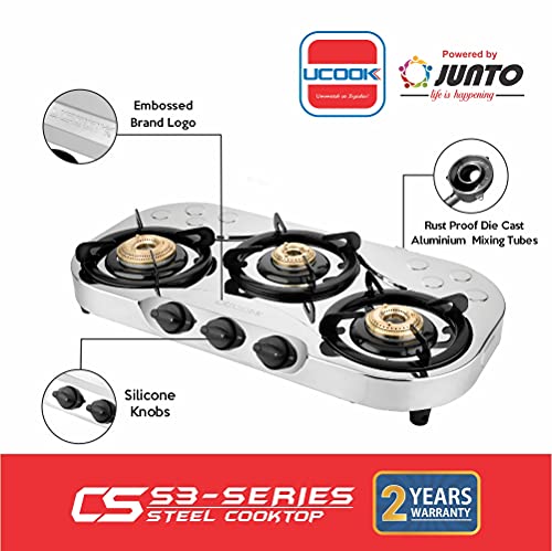 Image of UCOOK JUNTO Manual Stainless Steel Mid Delux 3B Series 3 Burners Gas Stove Stainless Steel Cooktop, Steel Grey