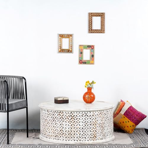 Image of Wooden Coffee Table for Living Room | Handcrafted Solid Wood Round Center Table with Carved Jaali Design | Coffee Table for Home Decor | Tea Table for Bedroom & Office (White Rustic)