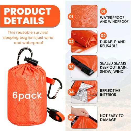 Noamus 6 Pack Bolsas de Dormir de Supervivencia, Saco Térmico Bivy, Ligero y Portátil de Nylon con Silbato, Equipo de Supervivencia Aluminizado PE para Camping Senderismo Aventura al Aire Libre miniatura 3