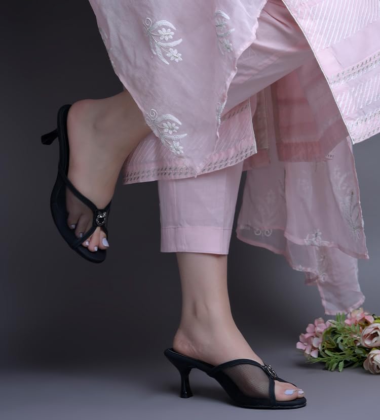 Image of Froh Feet Women's Kitten Heel Embllished Mash sandals 2 Inch Chunky Heels Mules Peep Open Toe Slip On Summer Sandal