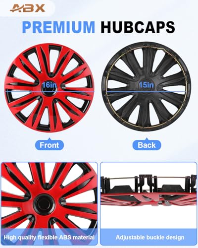 Image of ABX Hubcap Wheel Covers Hub Caps 16 Inch Set of 4 Black & Red Universal Wheel Rim Cover R16 Stylish Car Decor Wheel Covers
