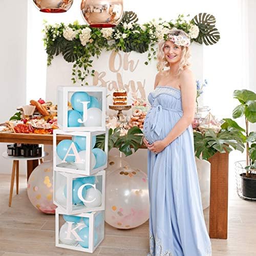 Baby Shower Decoration Balloon Boxes  4Pcs DIY White Transparent Boxes with 30 Letters BABY + A-Z for Boys Girls Baby Shower,DIY Name Combination,Gender Reveal Backdrop Birthday Party Supplies