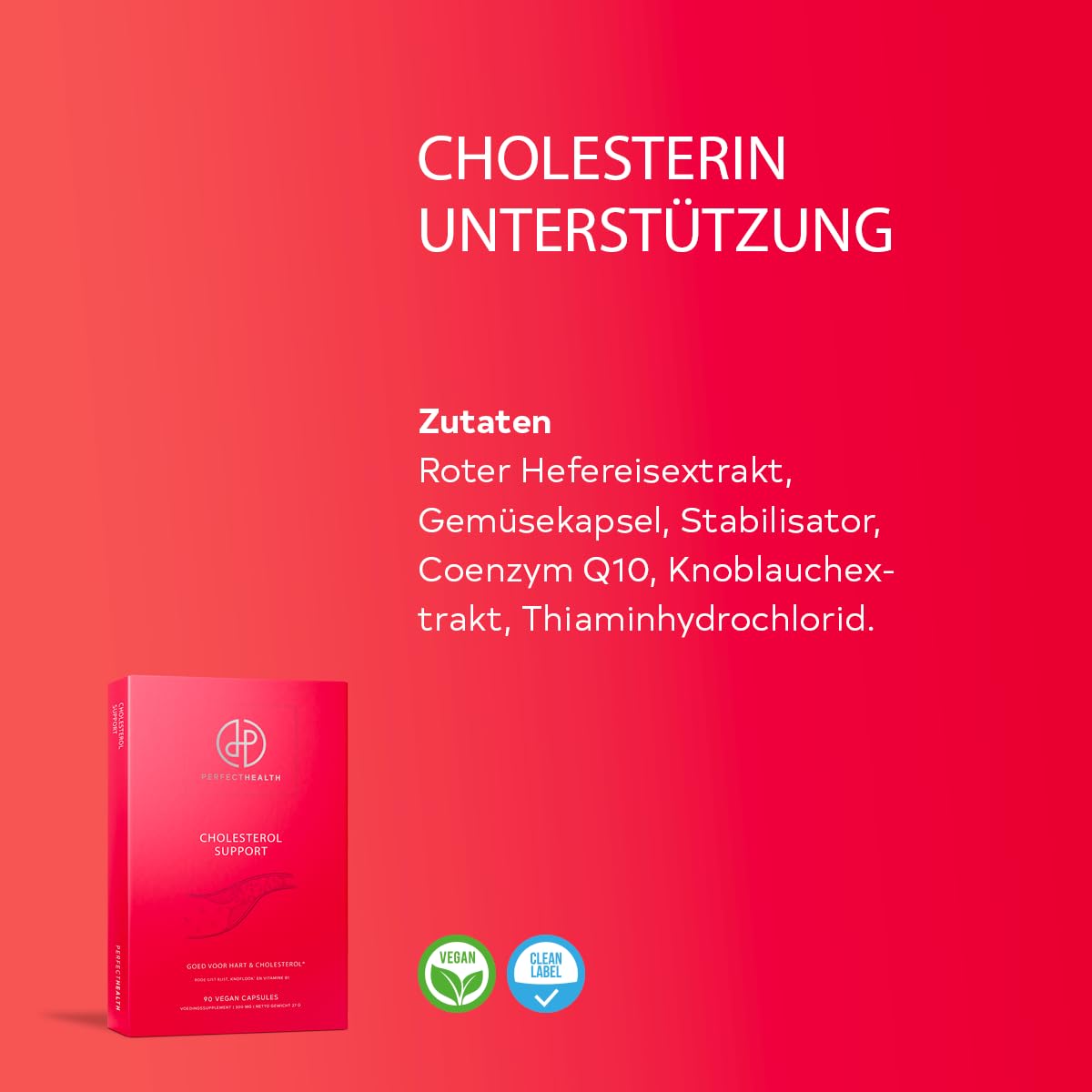 Perfect Health Vegan Rotschimmelreis Kapseln – 90 Stück Rote Hefe Reiskapseln - Cholesterinunterstützung – Co-Enzym Q10 & Knoblauchextrakt – Vitamin B1 für Herzgesundheit