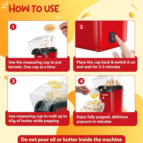Agaro delite electric popcorn maker, 1200w hot air popper, oil-free healthy snacks for kids in 2 minutes, 98% popping rate, measuring cup included, family party, 1 year replaceable warranty 5 AGARO Delite Electric Popcorn Maker, 1200W Hot Air Popper, Oil-Free Healthy Snacks for Kids in 2 Minutes, 98% Popping Rate, Measuring Cup Included, Family Party, 1 Year Replaceable Warranty - Image 6