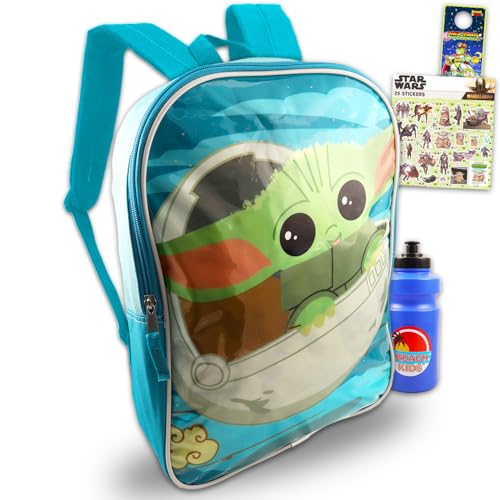 Baby Yoda Backpack for Kids Set - Bundle with 15” Star Wars Mandalorian Backpack Plus Water Bottle, Stickers, More | Baby Yoda School Bag for Boys, Girls, Kids