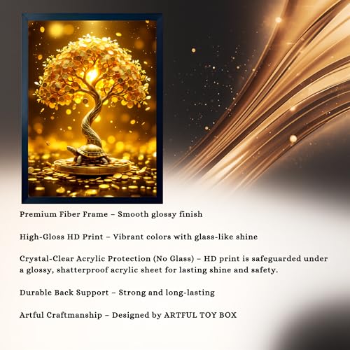 Image of ARTFUL TOY BOX - Golden Money Tree with Feng Shui Turtle Photo Frame Wall Art for Home Decor | Wealth Growth, Stability & Prosperity Vastu & Feng Shui Wall Decor | HD Glossy Print | Premium Fiber Black Frame - 12x18 Inch (30x45 cm) (Design 3)