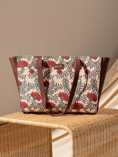 Image of ZOUK Nawabi Couture Floral Printed Women Jute Vegan Leather Space Blue Office Tote Bag for Ladies With Laptop Compartment