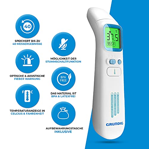 Grundig Fieberthermometer kontaktlos Infrarot TESTSIEGER - Hochpräzise Ohr Stirn Objekte und Baby blitzschnell messen Thermometer Stirnthermometer Ohrthermometer Fieber digital Temperaturmessgerät