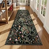 Morebes Floral Washable Runners for Hallways 2x8 Non Slip, Boho Flower Entryway Runner Rug, Botanical Birds Indoor Ultra-Thin Soft Floor Carpet Runners for Kitchen Laundry Bath Room Entrance, Black