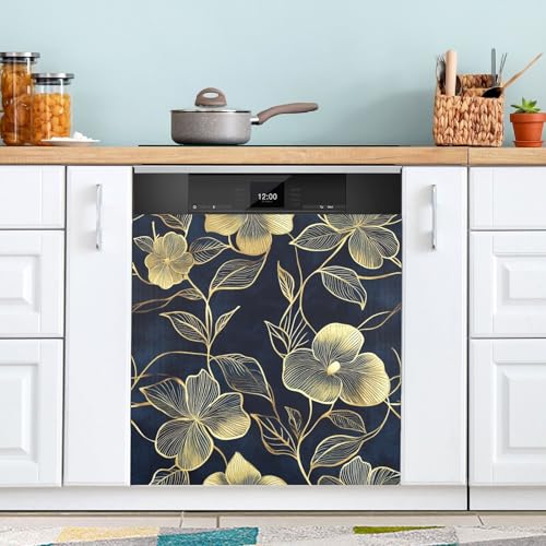 Cubierta magnética para lavavajillas, 58,42 x 66,04 cm, cubierta magnética para puerta de lavavajillas, panel decorativo para armario de cocina, nevera, lavadora, flor dorada