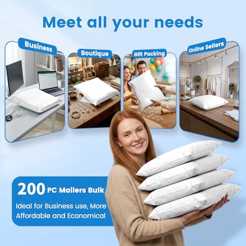 Image of Metronic Poly Mailers 14.5x19 200 Pcs | Large Shipping Bags for Clothing | Strong Adhensive Mailing Bags for Small Business, Shipping Envelopes Bags, Tear-resistant Package Bags White